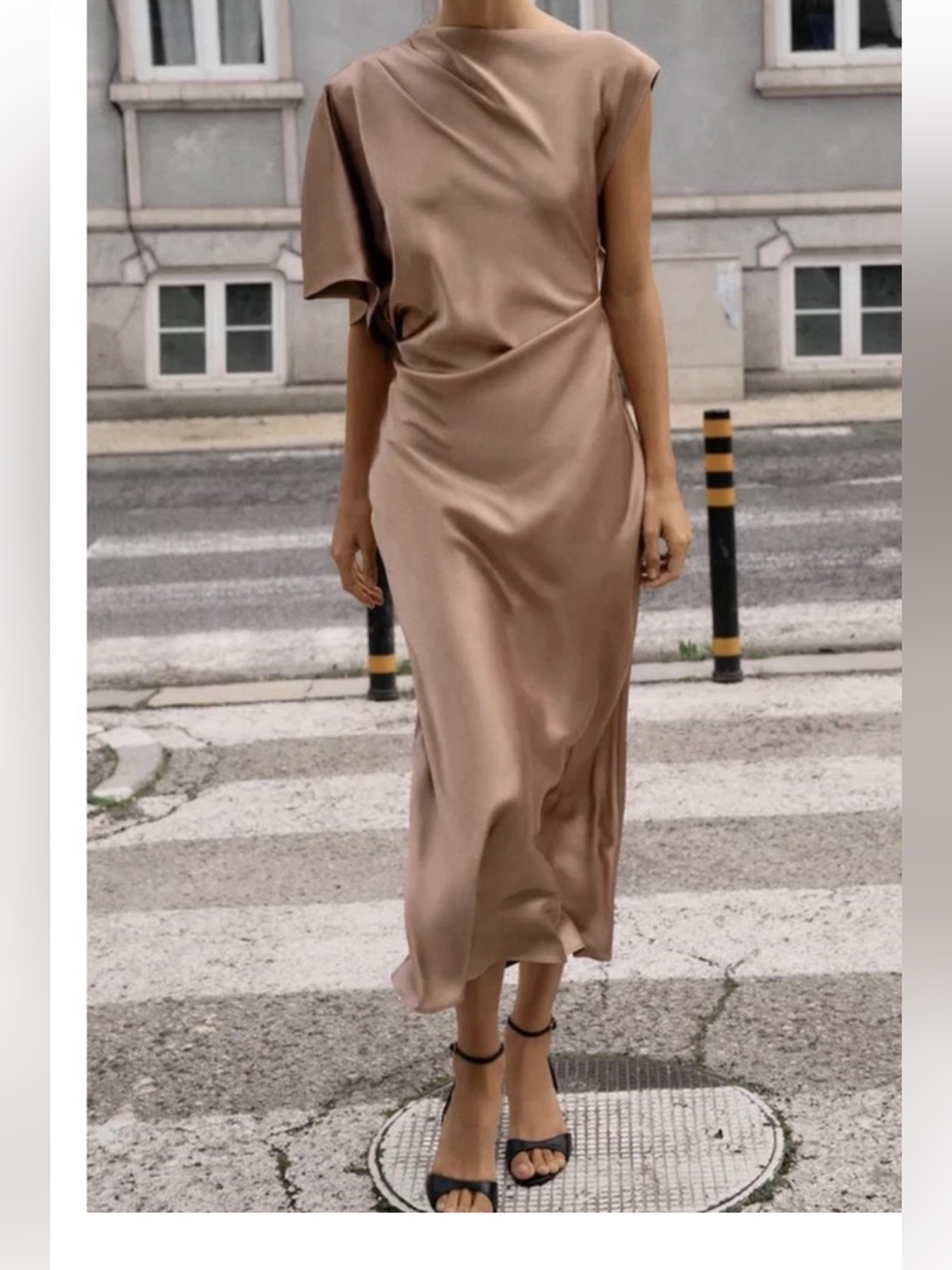 Zara Satin Draped One-Shoulder Midi Dress in Taupe Sz- XL